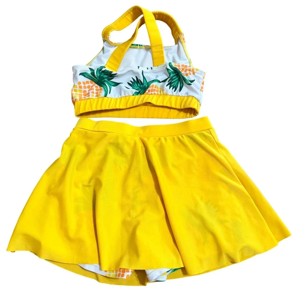 Girls Yellow Pineapple Print Two Piece Swim Skirt Set Size 9T Tropical Swimsuit
